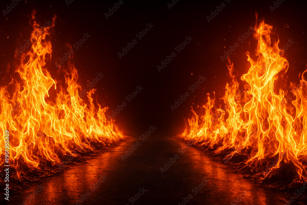 Fototapeta premium Fiery Roadway with Flames Burning on Both Sides at Night