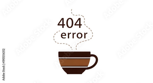 Brown coffee cup with 404 error message and steam rising  web page not found concept transparent background