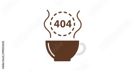 Brown coffee cup with 404 error steam rising  web page not found concept transparent background