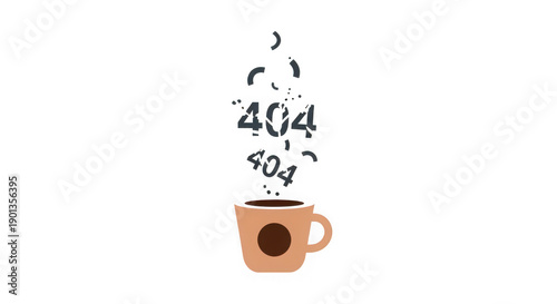 Cartoon coffee mug with steam 404 errors rising up isolated on transparent background transparent background