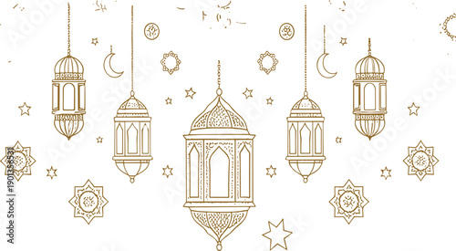 Elegant golden Ramadan lantern line art vector with hanging Islamic lamps crescent moon and decorative stars for festive background