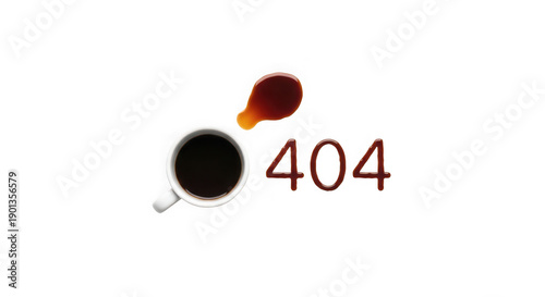 Coffee cup with 404 error and spilled coffee on white background transparent background