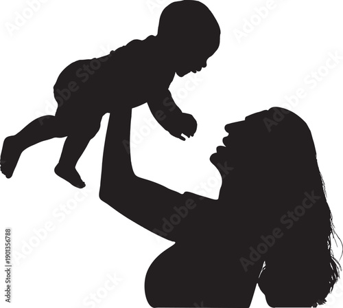 Mother holding baby in the air happily