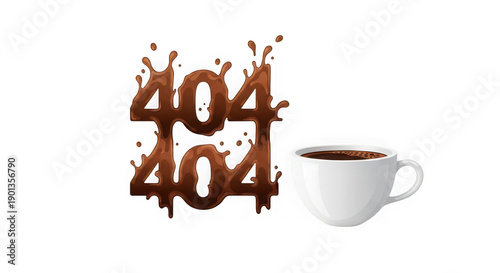 Coffee cup with 404 error numbers made of chocolate splashes isolated on white background transparent background