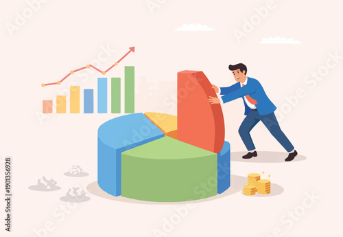 Business analysis, investment asset allocation or economic statistic concept, smart businessman standing on pie chart pushing allocation the best performance position.