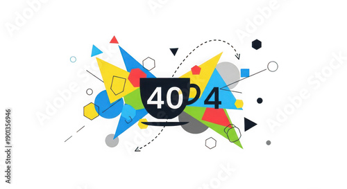 Colorful abstract geometric shapes with coffee cup and numbers on white background transparent background