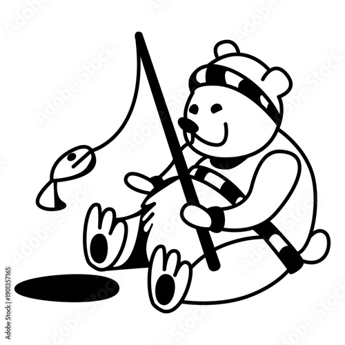 Winter animal character bear fishing