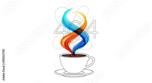 Colorful steam rising from a cup of coffee on a saucer with numbers transparent background