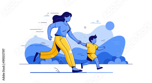 Mother and Child Walking Outdoors in Nature.