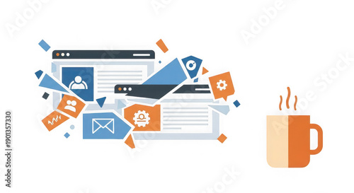 Colorful web browser windows and coffee cup on white background  digital communication icons transparent background