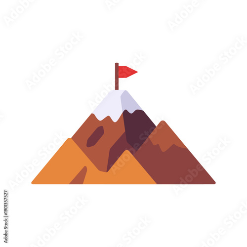Mountain summit with snow peak and flag, colorful vector flat style illustration, adventure theme
