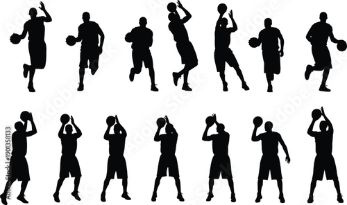 Basketball player black silhouette set, athletes dribbling and shooting in different poses, team sport action vector illustration isolated on white background, competition.