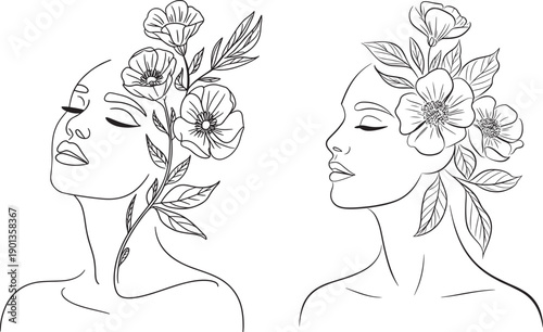 Women faces with flowers in hair