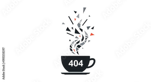 Error 404 concept with coffee cup and broken pieces flying out transparent background