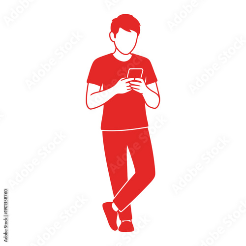 Man using smartphone while standing with one leg crossed illustration