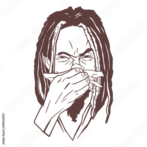 Hand drawn man dreadlocks sneeze stroke
