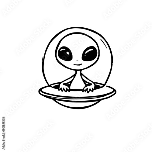 Colorful doodle illustration of a friendly alien inside a flying saucer, thick marker lines and playful design on a clean white background