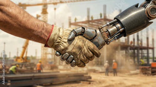 Builder's hand shaking with a anthropomorphiс builder robot's hand on a blurred background of a construction site. Symbolizes the coordinated work of robots and people.