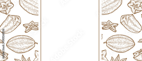 Tropical fruit carambola frame for wrapping design. Star fruit outline sketch background isolated.