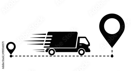 A black silhouette of a speeding truck travels between two location pin icons on a dashed line.