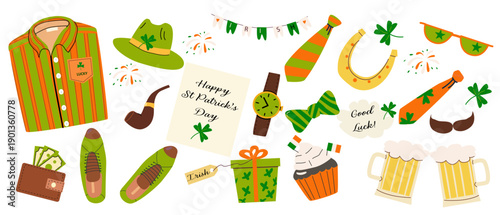 Vector set of St. Patrick Day holiday. Irish supplies and design elements set. Cartoon clothes, shoes, beer mugs. Festive Collection for Patrick's Day. Vector icons isolated on white.