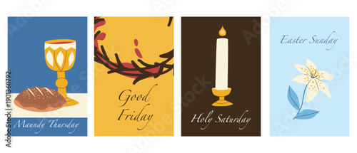 Holy Week and Easter greeting cards with Jesus crown of thorns, wine and bread, and lily. Spiritual flat vector illustrations about faith, prayer and resurrection.