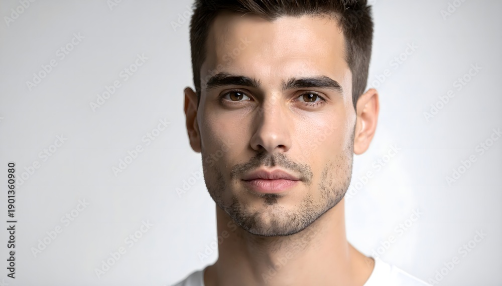 Fototapeta premium Retrato masculino minimalista con expresión segura y estética limpia sobre fondo neutro