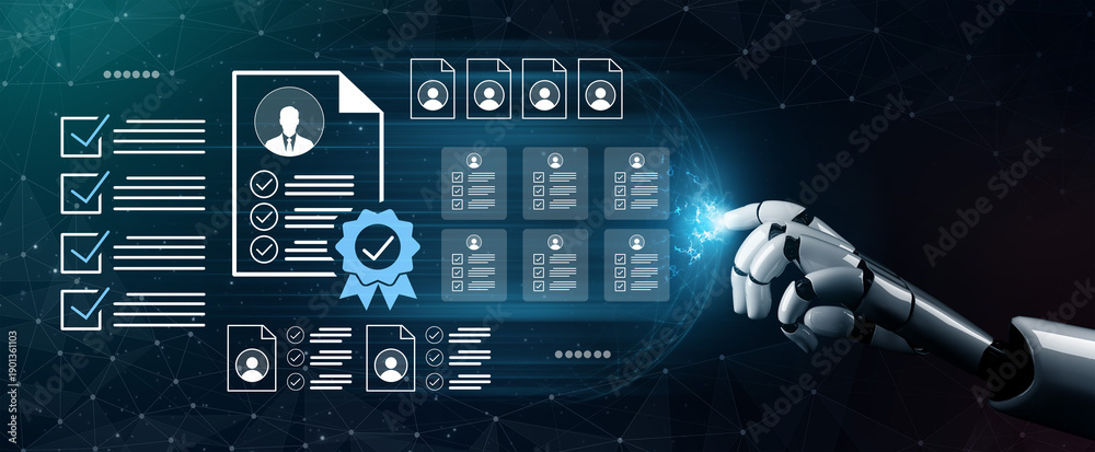 Fototapeta premium A robotic hand engages with digital data and documents, illustrating concepts of automation, artificial intelligence, and cybersecurity in a modern workspace setting. Gantry