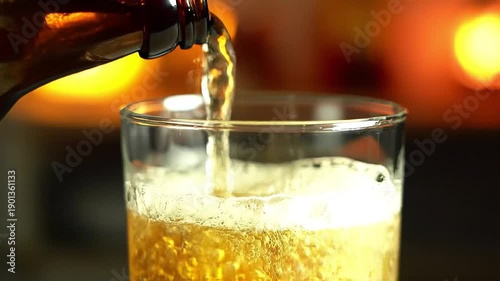 Wallpaper Mural Close-up of golden beer poured into crystal glass in cozy bar at night Torontodigital.ca