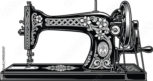 Vintage sewing machine silhouette illustration with ornate floral design, hand crank detail, black and white artwork, antique craftsmanship concept
