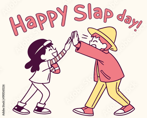 cartoon illustration of two people high fiving each other on happy slap day