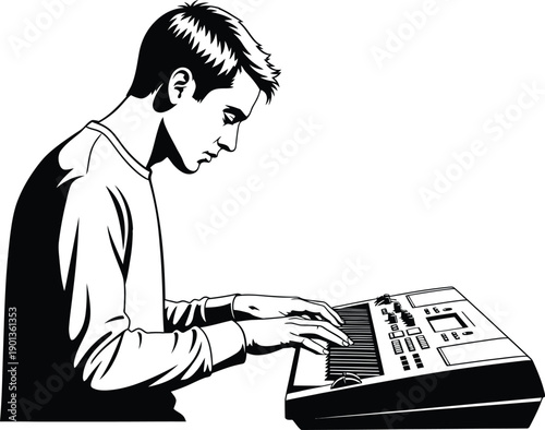 man playing keyboard, black and white illustration, graphic design on white background 