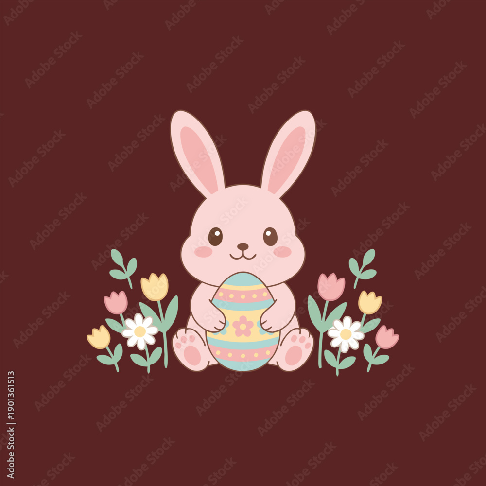 Obraz premium Cute Easter Bunny with Easter Egg Sitting Amongst Spring Flowers and Foliage vector illustration.