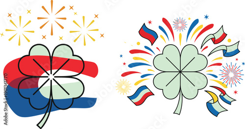 St Patricks Day four leaf clover celebration with festive fireworks and colorful streamers, lucky shamrock illustration for spring holiday greeting cards