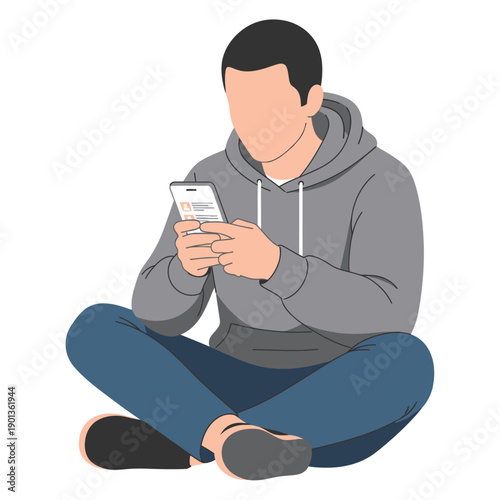 Man sitting cross-legged using smartphone in casual attire