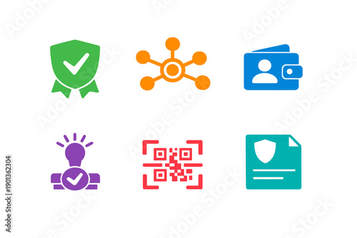 Monochromatic decentralized identity icons in flat vector style. Perfect for digital ID wallets, credential verification tools, websites, and apps.