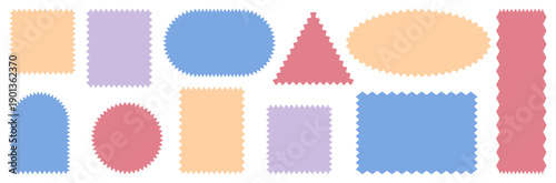 Colorful zigzag geometric shapes set. Playful pastel scalloped shapes including rectangles, ovals, circles, arches and triangle forms. Vector illustration.