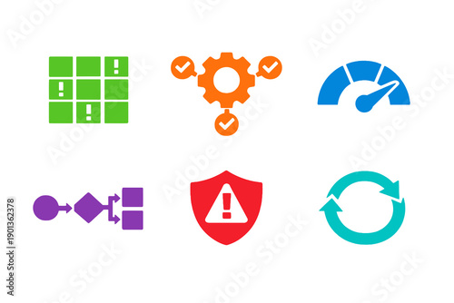 Access risk modeling and trust automation icon set with six single-color vector icons. Ideal for IAM platforms, security automation tools, dashboards, and modern UI design.