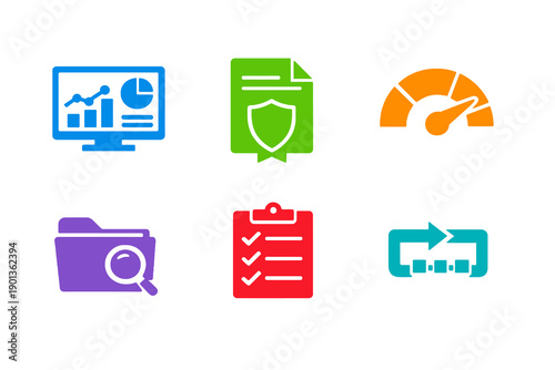 Security compliance metrics icon set with six single-color vector icons. Ideal for compliance dashboards, trust reporting tools, and modern UI design.