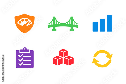 Monochromatic identity continuity icons in flat vector style. Perfect for reliability engineering tools, continuity planning systems, websites, and apps.