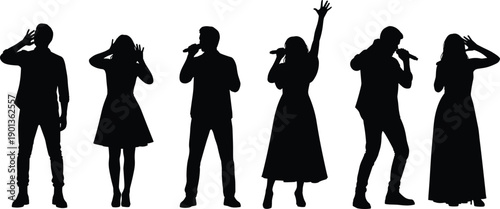 Black silhouette of singers set, male and female vocalists performing with microphones, music concert group, performance art vector illustration isolated on white.