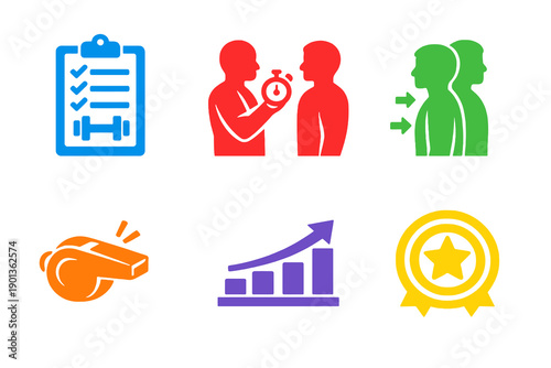 Personal trainer coaching icon set with six single-color vector icons. Ideal for fitness coaching apps, training programs, dashboards, and modern UI design.