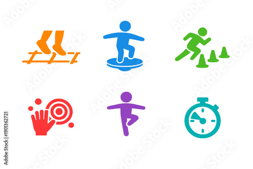 Speed, coordination and balance icon set with six single-color vector icons. Ideal for fitness apps, athletic training programs, and modern UI design.