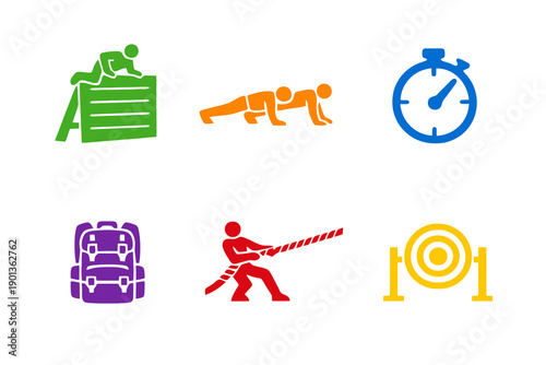 Military style training and endurance icon set with six single-color vector icons. Ideal for bootcamp programs, fitness apps, and modern UI design.