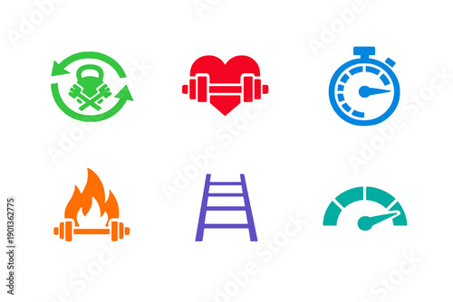 Hybrid fitness and advanced conditioning icon set with six single-color vector icons. Ideal for modern fitness apps, hybrid training programs, and UI design.