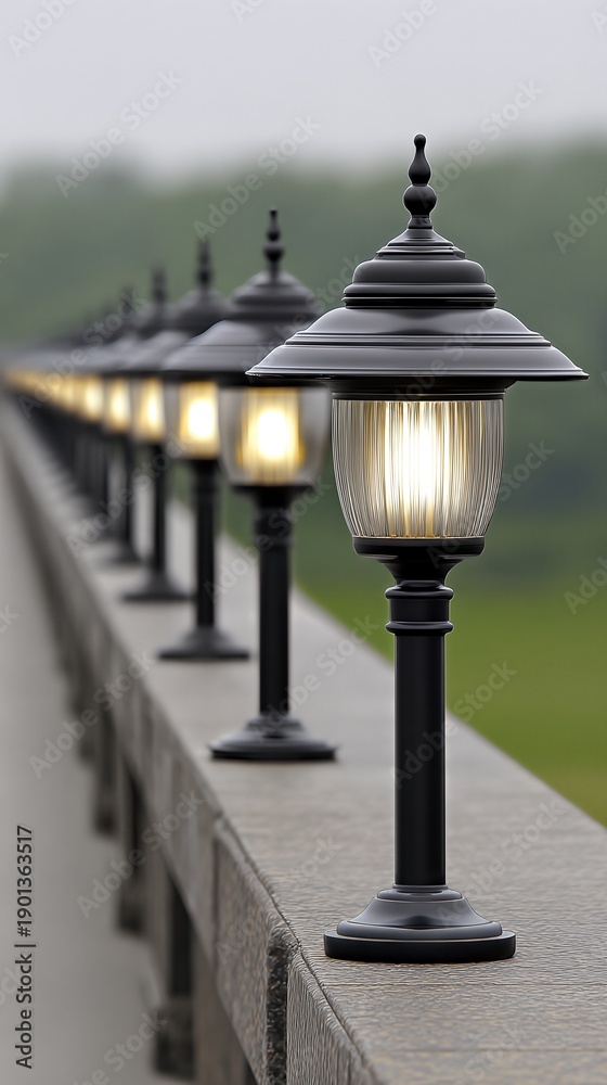 Obraz premium Soft Lights Turn on Along a Walkway Near Grassland in the Evening Time