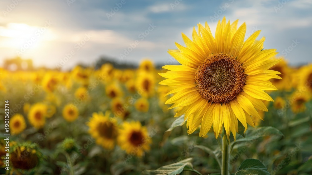Fototapeta premium Beautiful Sunflower in a Field at Golden Hour Sunset