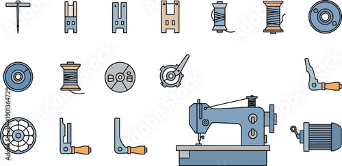 Vector sewing machine and parts illustration set