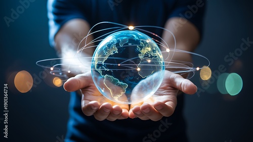 Digital globe in human hands representing global technology connection

