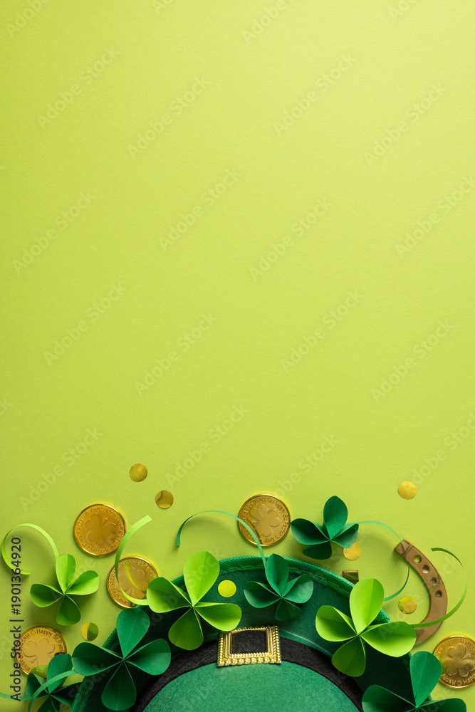 Obraz premium Green vertical hat with gold buckle, shamrocks and coins create a festive St Patrick Day scene perfect for greeting cards and promotions